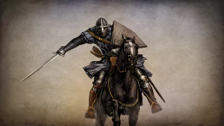 HD PC desktop wallpaper depicting a knight in armor charging on horseback, wielding a sword, from the video game Mount & Blade.