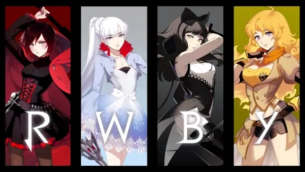 HD desktop wallpaper featuring Ruby Rose, Weiss Schnee, Blake Belladonna, and Yang Xiao Long from the anime RWBY, each posing with their initials.