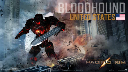 HD PC desktop wallpaper of the Pacific Rim movie: US Jaeger Bloodhound wields a giant chainsaw blade amid explosions and a crumbling city skyline.