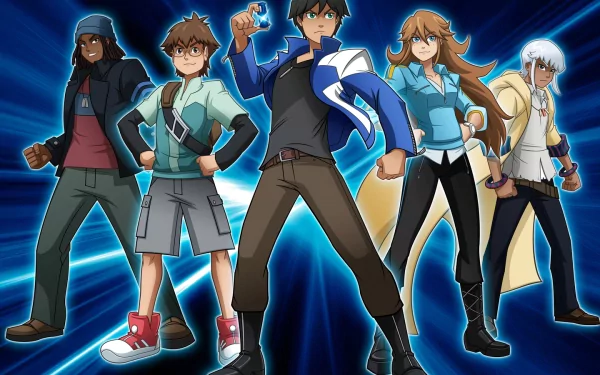 HD PC desktop wallpaper of Monsuno TV show: five protagonists in dynamic poses across the foreground with glowing blue radial energy burst background.
