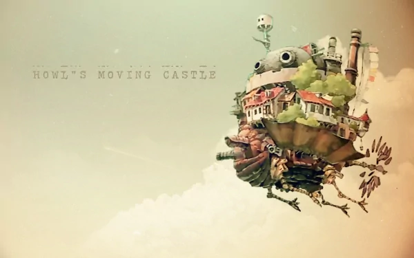 HD desktop wallpaper featuring an artistic rendition of Howl's Moving Castle from the animated film set against a cloud-filled sky.