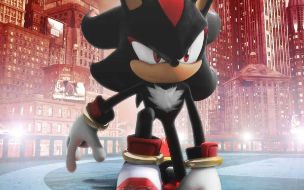 HD wallpaper featuring Shadow the Hedgehog posed confidently against a vibrant cityscape background.