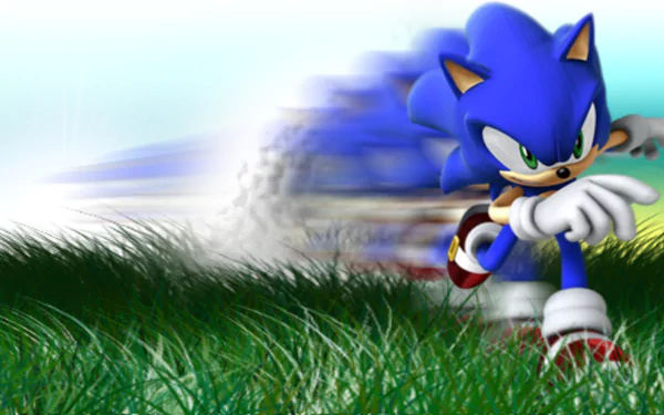 HD desktop wallpaper featuring Sonic the Hedgehog from the 2006 game, posing with a motion blur effect on a grassy background.