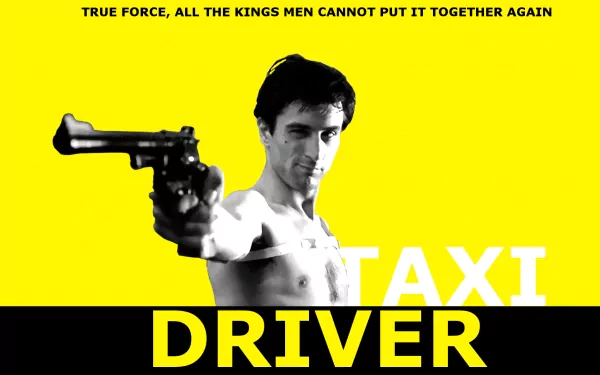 An HD wallpaper featuring Robert De Niro in Taxi Driver, showcasing his iconic pose with a gun against a bold yellow background, emphasizing the film's striking visual style.