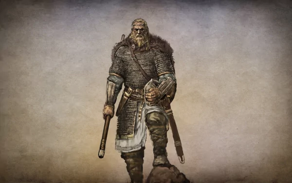HD PC desktop wallpaper/background from the video game Mount & Blade: rugged medieval warrior in chainmail holding a mace and shield against a weathered parchment backdrop.