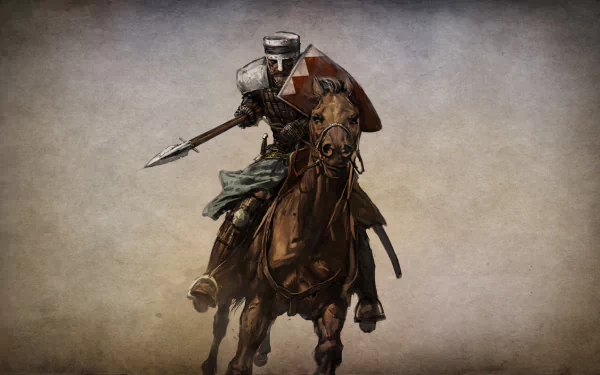 HD PC desktop wallpaper featuring a knight in armor wielding a lance while riding a horse, inspired by the Mount & Blade video game series.