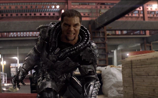 HD PC desktop wallpaper from the movie Man of Steel featuring a fierce character in advanced armor inside an industrial setting.