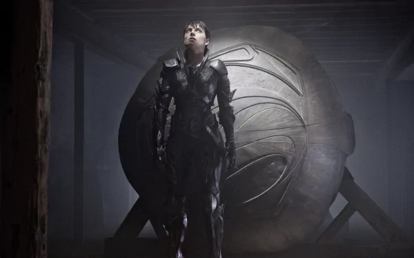 HD PC desktop wallpaper featuring a scene from the movie Man of Steel, showing a character in dark armor standing in front of a large emblem.