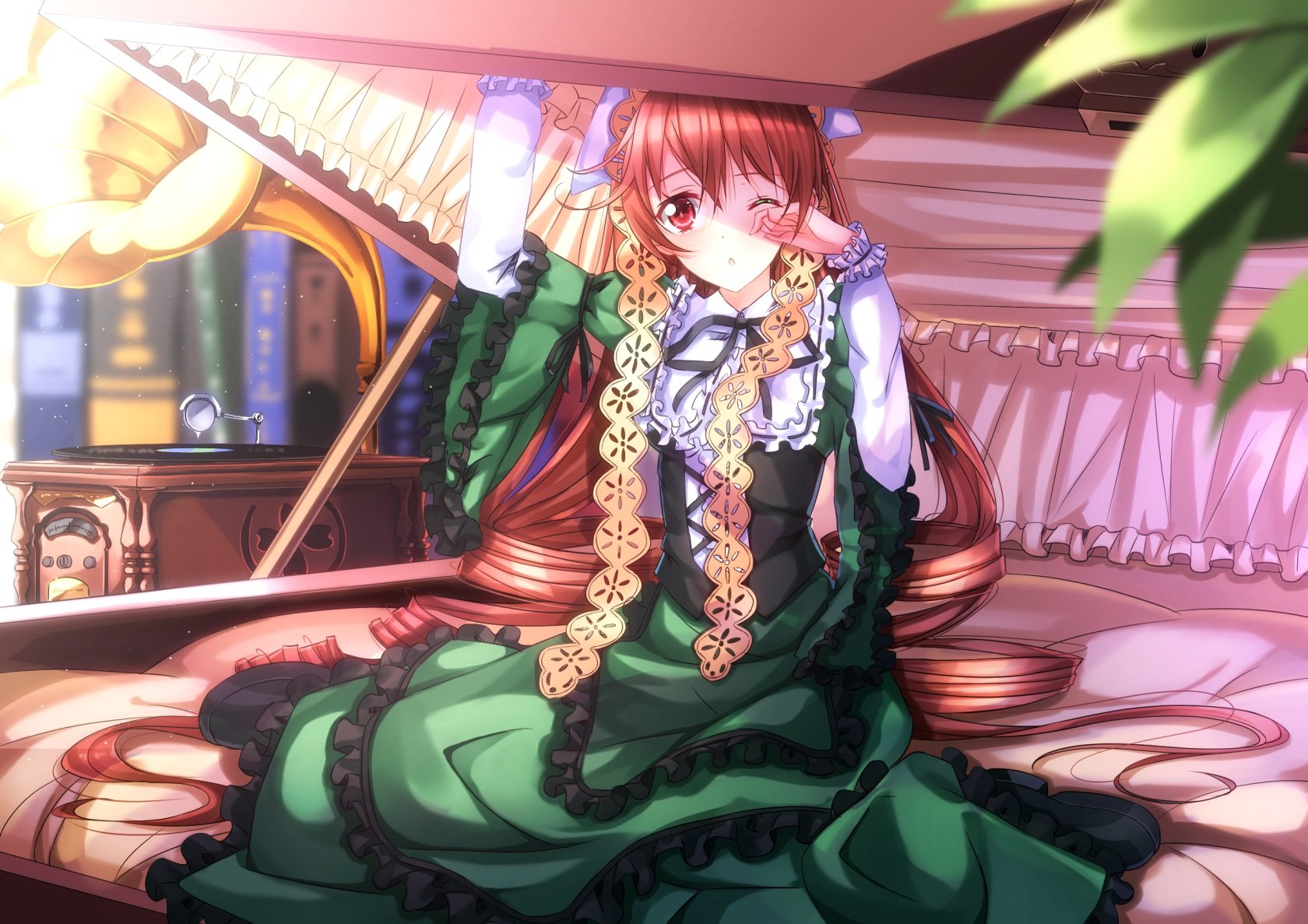 HD anime desktop wallpaper featuring a detailed illustration of a Rozen Maiden character in a green dress, sitting indoors with warm lighting and intricate background elements.