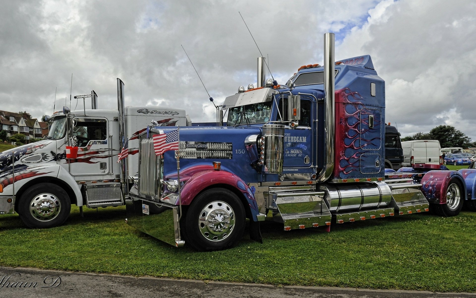 A striking Kenworth truck with vibrant colors and decorative details parked on grass, showcasing its impressive design beside another vehicle under a partly cloudy sky.
