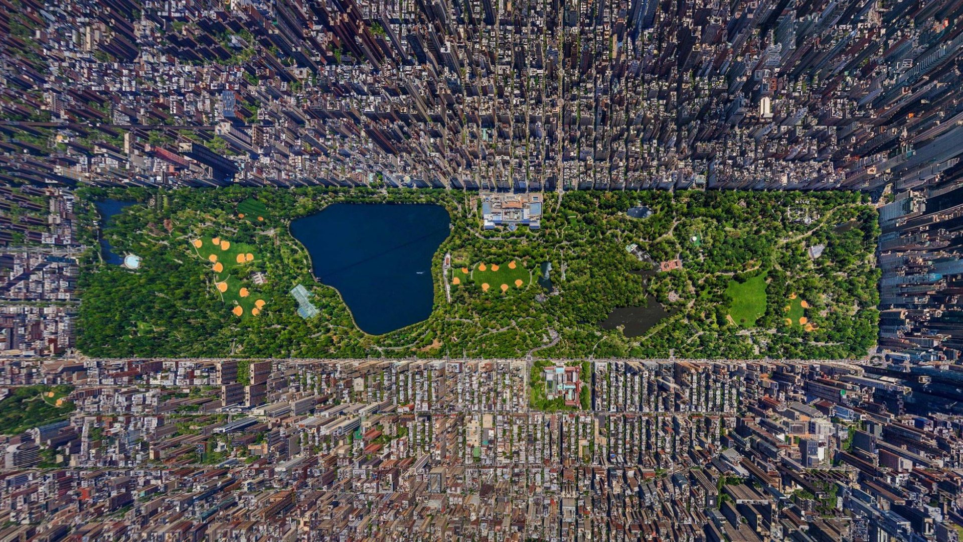 HD PC desktop wallpaper: aerial view of Manhattan, New York — Central Park (2020) as a green rectangle amid dense, man-made city grid and surrounding buildings.