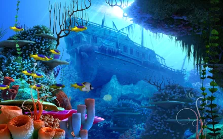 HD desktop wallpaper featuring a vibrant underwater scene with fish swimming near a sunken ship surrounded by colorful coral reefs.