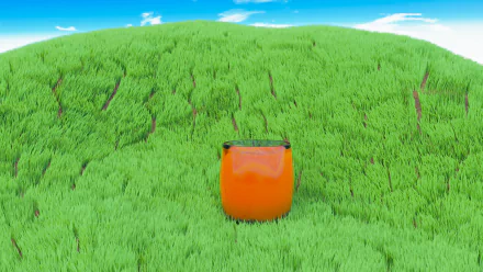 HD PC desktop wallpaper featuring a glass of bright orange juice set against a vibrant, textured green field under a clear blue sky.