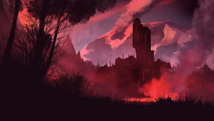 HD PC desktop wallpaper/background — artistic fantasy landscape of a mountain castle on an earth-toned horizon, engulfed in firelight and smoke with silhouetted trees and dramatic skies.