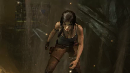 HD PC desktop wallpaper featuring Lara Croft from the video game Tomb Raider in a dark, atmospheric environment.