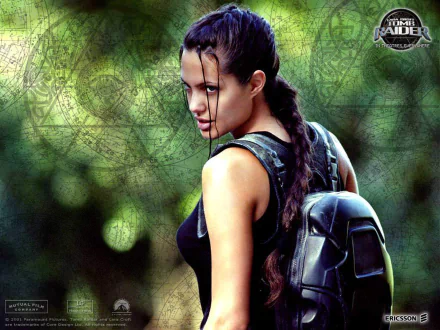 HD PC desktop wallpaper featuring Lara Croft from the movie Lara Croft: Tomb Raider, showcasing her in a black outfit with a braided ponytail and a rugged backpack.