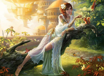 Fantasy-themed HD desktop wallpaper featuring a woman interacting with a squirrel on a tree branch, set in an enchanting forest with a mystical castle background.