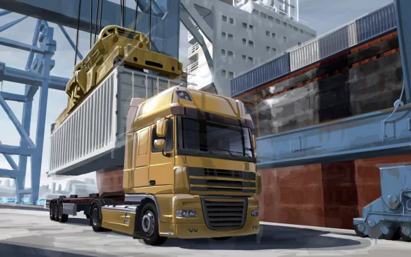 A vibrant HD desktop wallpaper from Euro Truck Simulator 2, featuring a yellow truck loading a container at a busy port, showcasing the essence of the trucking experience.