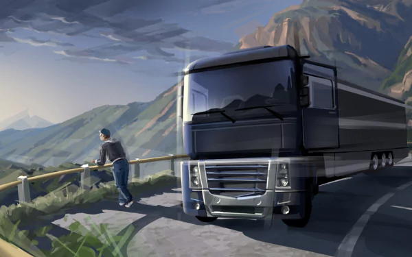A stunning HD wallpaper from Euro Truck Simulator 2, showcasing a truck on a mountain road with a person admiring the scenic landscape in the background.