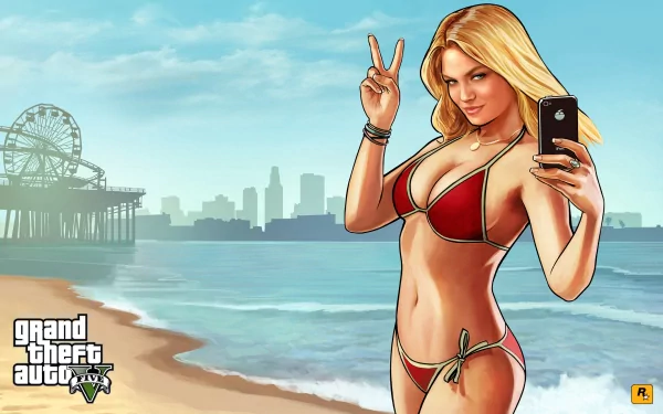 Blonde character making a peace sign and holding a phone, featured in a Grand Theft Auto V themed beach scene HD wallpaper.