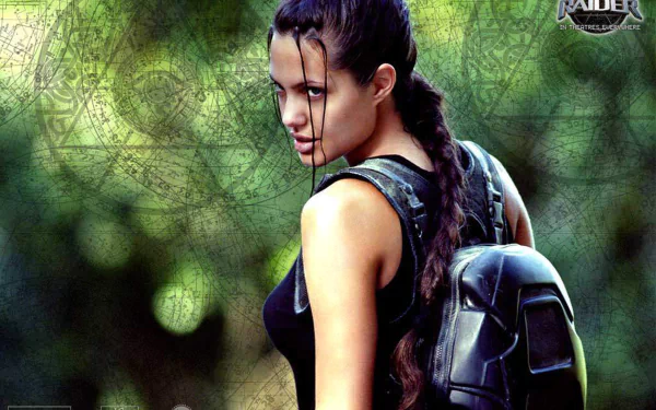 HD PC desktop wallpaper featuring Lara Croft from the movie Lara Croft: Tomb Raider, showcasing her in a black outfit with a braided ponytail and a rugged backpack.