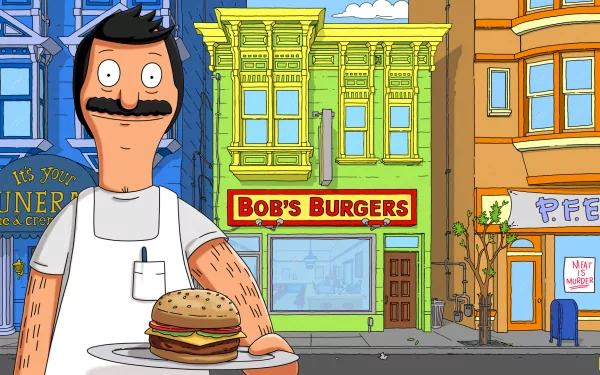 HD desktop wallpaper of Bob Belcher from Bob's Burgers in front of his restaurant, holding a burger.