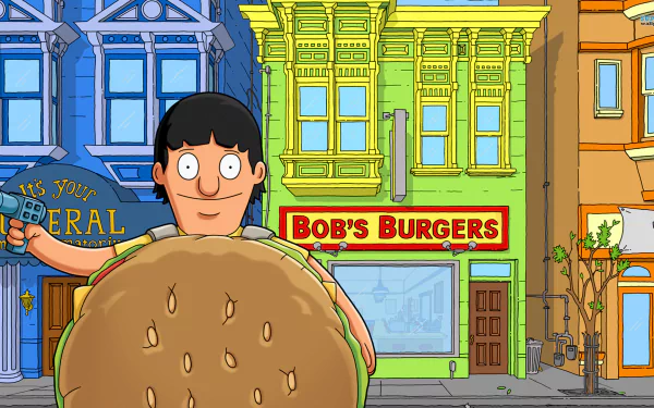 HD wallpaper featuring Gene Belcher from Bob's Burgers in front of the restaurant holding a burger.