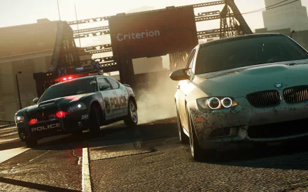 HD PC desktop wallpaper featuring a high-speed police chase scene from the video game Need for Speed: Most Wanted (2012) with detailed cars and urban environment.