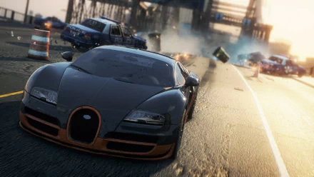 HD desktop wallpaper featuring an intense scene from the video game Need for Speed: Most Wanted (2012), showcasing a sleek car amidst a chaotic urban chase.