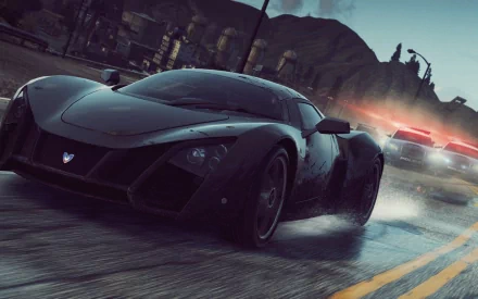 HD PC desktop wallpaper featuring a high-speed chase scene from the video game Need for Speed: Most Wanted (2012), showcasing a sleek black sports car and police vehicles.