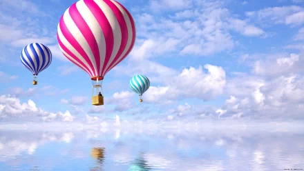 A vibrant HD wallpaper featuring colorful hot air balloons floating above a serene, reflective surface under a bright blue sky with fluffy clouds.