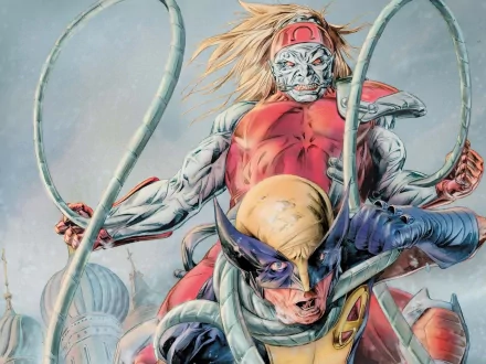 HD comic PC desktop wallpaper of Wolverine (Wolverine: Origins) snarling in front as a masked red-suited adversary looms, metallic tendrils curling around them.