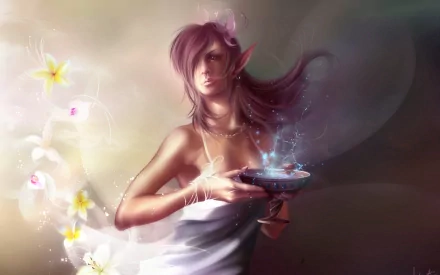 A captivating fantasy wallpaper featuring an elf with long, flowing hair, holding a bowl of glowing magic amidst ethereal flowers and a soft, dreamy background.