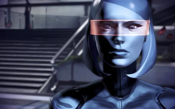 HD PC desktop wallpaper featuring EDI, the android character from the video game Mass Effect 3, with a futuristic digital visor and metallic blue tones.