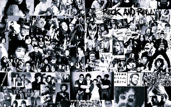 Black and white HD desktop wallpaper collage featuring iconic rock and roll musicians and bands, capturing the energy and spirit of rock music history.