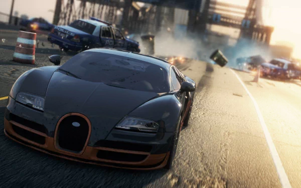 HD desktop wallpaper featuring an intense scene from the video game Need for Speed: Most Wanted (2012), showcasing a sleek car amidst a chaotic urban chase.