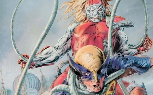 HD comic PC desktop wallpaper of Wolverine (Wolverine: Origins) snarling in front as a masked red-suited adversary looms, metallic tendrils curling around them.