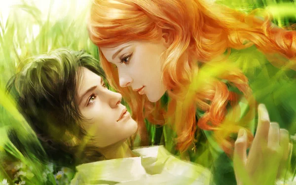 Artistic HD wallpaper featuring a romantic moment between a couple, a man and a redhead woman, in a vibrant green meadow.