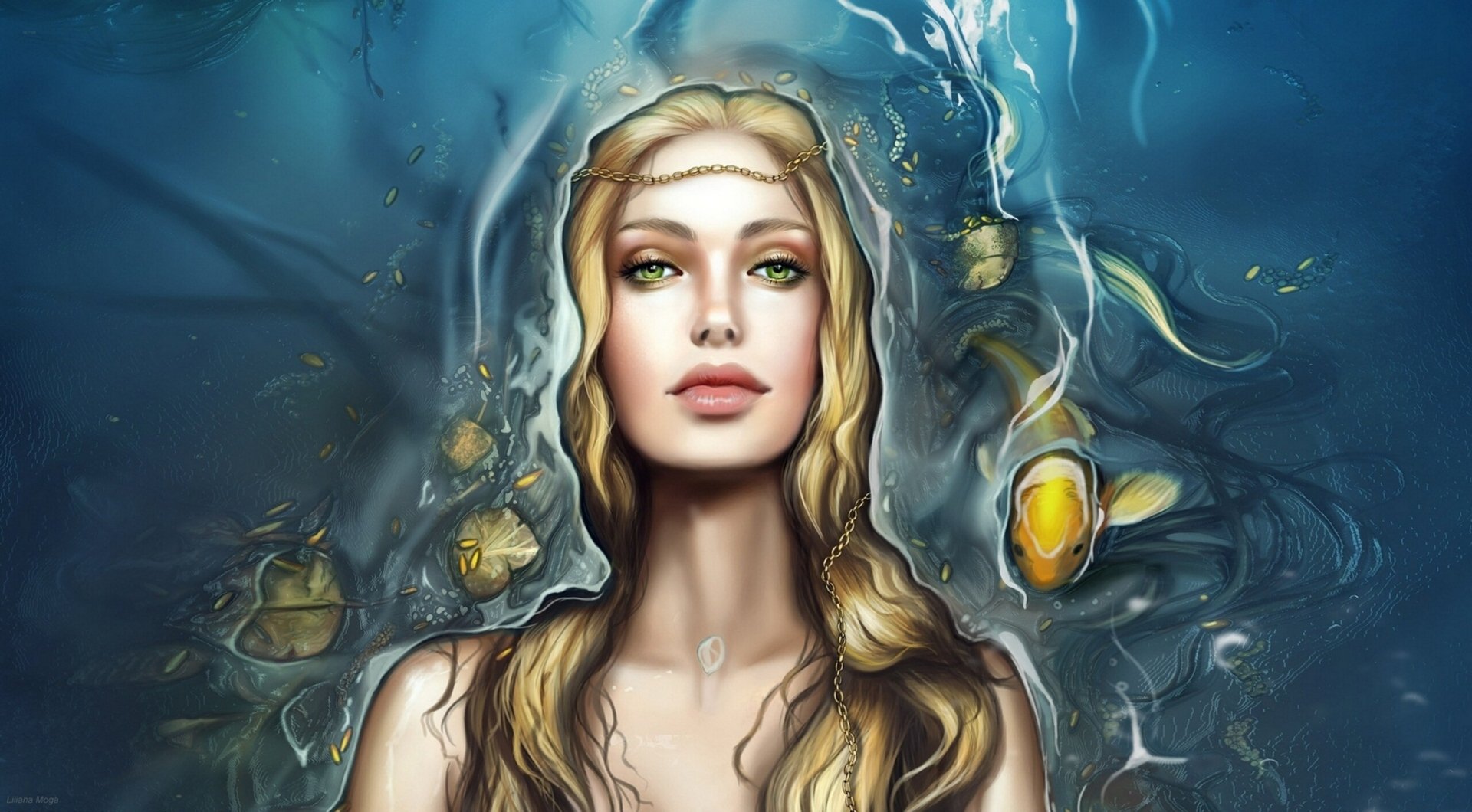 HD fantasy desktop wallpaper of a serene mermaid with flowing blonde hair underwater, surrounded by glowing fish and ethereal light.
