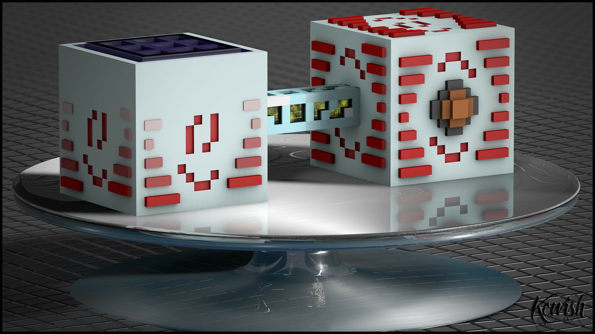 HD PC desktop wallpaper featuring Minecraft-inspired red and white pixelated cubes connected by a metallic bar, reflecting Mojang’s iconic video game style.