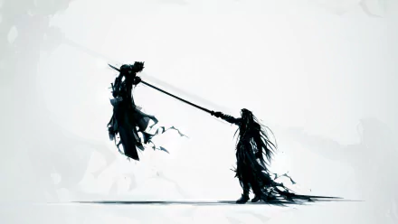 HD wallpaper featuring silhouetted figures of Cloud Strife and Sephiroth from Final Fantasy VII: Advent Children in a dramatic standoff.