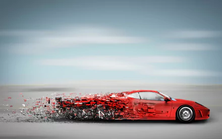 HD desktop wallpaper featuring a red sports car disintegrating into pieces on a smooth, grey background.