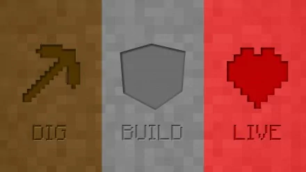 HD desktop wallpaper featuring Minecraft-themed panels with the words and symbols: DIG with a pickaxe, BUILD with a shield, and LIVE with a heart, in respective brown, gray, and red backgrounds.