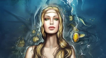 HD fantasy desktop wallpaper of a serene mermaid with flowing blonde hair underwater, surrounded by glowing fish and ethereal light.