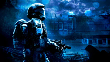 A soldier in futuristic armor stands in the rain at night, holding a gun, set against a dark, atmospheric backdrop inspired by Halo 3: ODST. HD wallpaper with a moody vibe.
