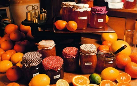 HD desktop wallpaper featuring various jars of homemade jam surrounded by fresh oranges and citrus fruits on a rustic kitchen table.