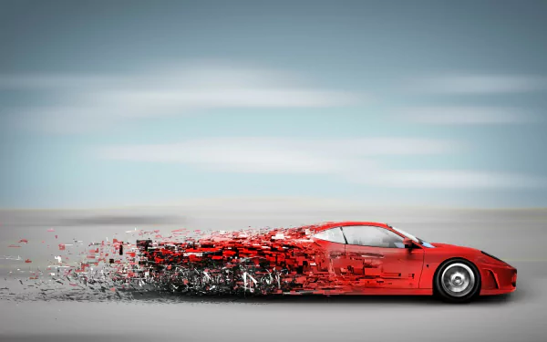 HD desktop wallpaper featuring a red sports car disintegrating into pieces on a smooth, grey background.