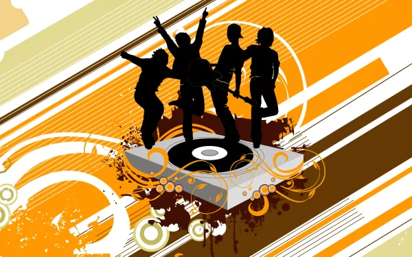 HD PC desktop wallpaper — disco music design with silhouetted dancers on a vinyl turntable amid orange, brown and white abstract streaks.