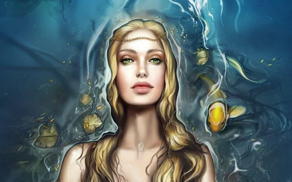 HD fantasy desktop wallpaper of a serene mermaid with flowing blonde hair underwater, surrounded by glowing fish and ethereal light.