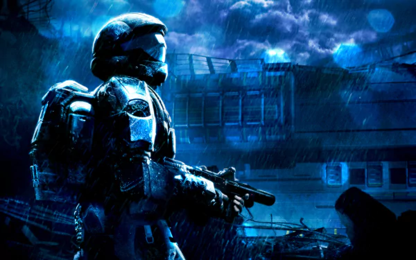 A soldier in futuristic armor stands in the rain at night, holding a gun, set against a dark, atmospheric backdrop inspired by Halo 3: ODST. HD wallpaper with a moody vibe.